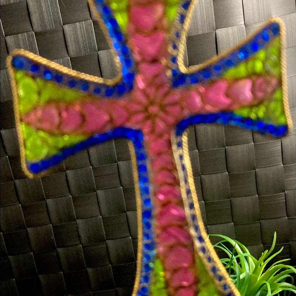 Vintage Plique a Jour CLOISONNE Enamel Stained Glass Floral Cross Ornaments